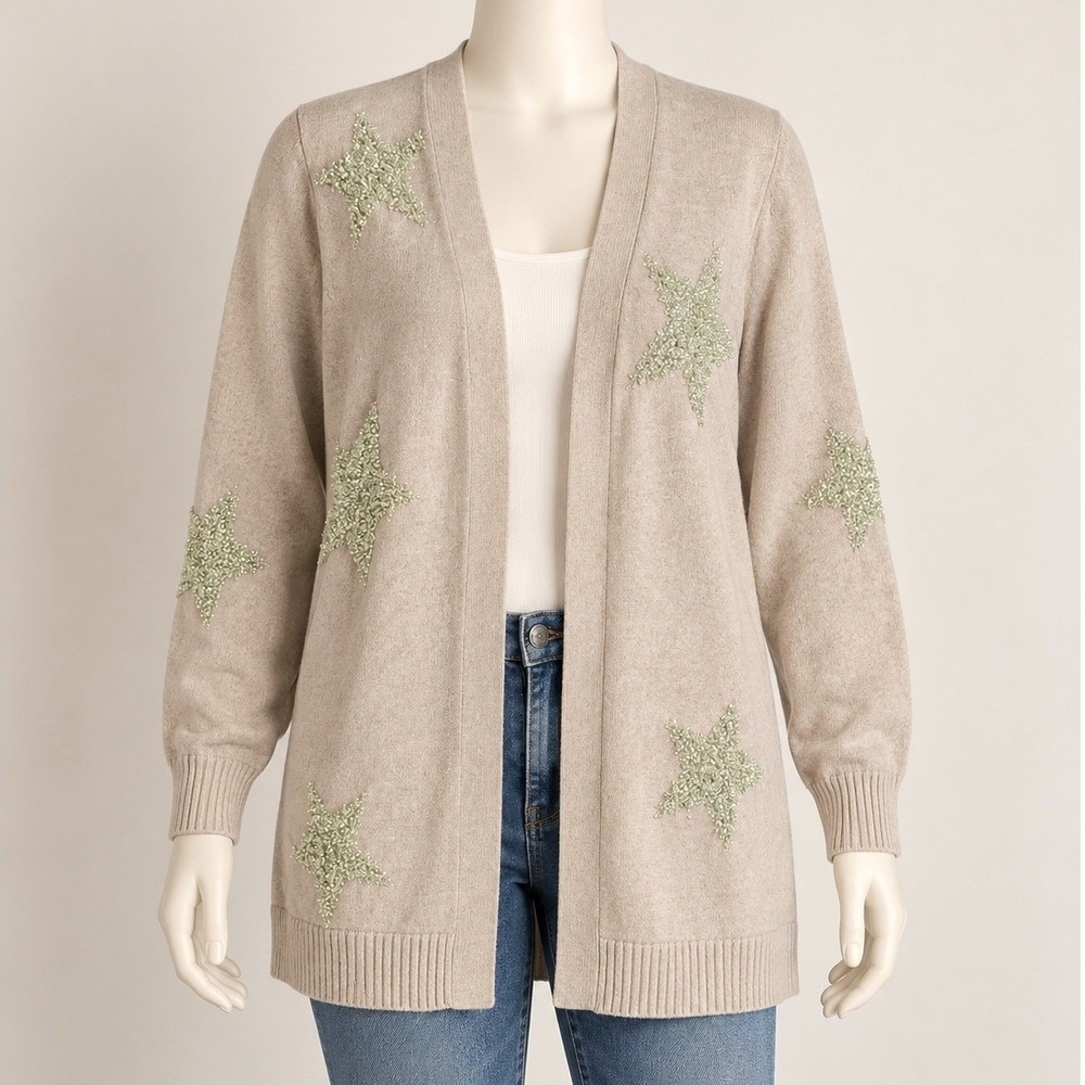 Lane Bryant Oatmeal Beige Glitter Gold Star Open Cardigan Sweater Plus 18/20